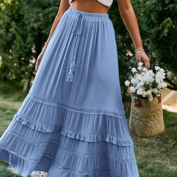 Blue Boho Womens Tie Waist Ruffle Hem Skirt - Picture 4 of 5